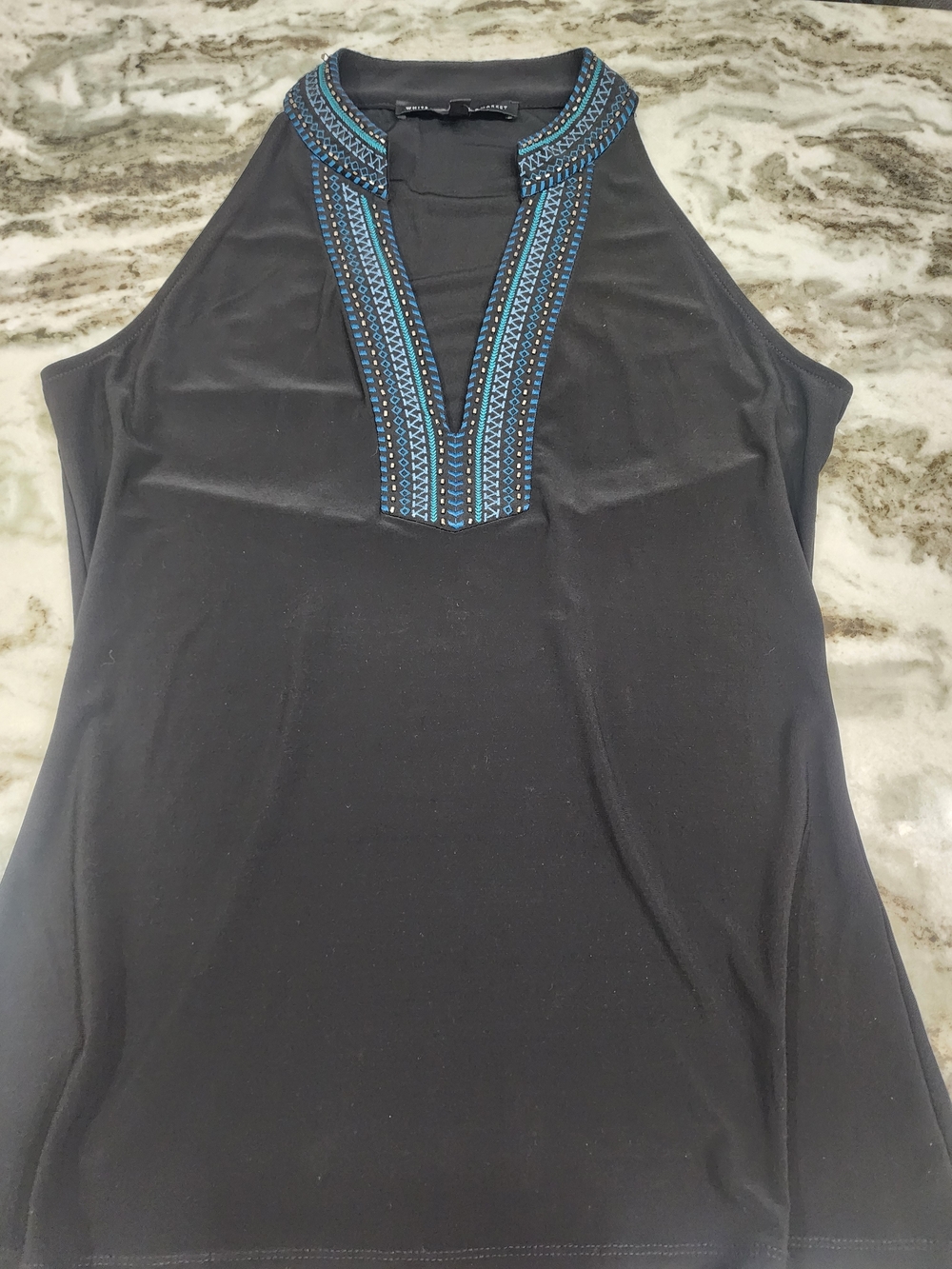Sleeveless Black Halter Top with Blue Embroidered Trim